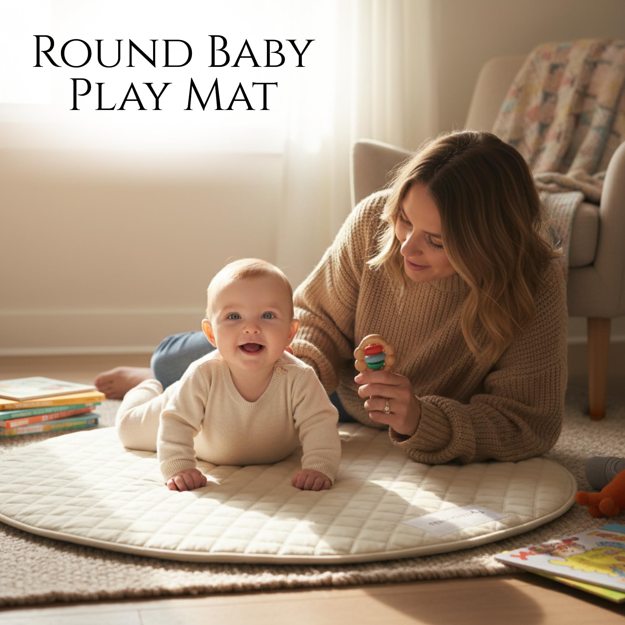 Baby Playmat 47x47 inch | Soft Linen Cotton, Non-Slip & Foldable | Washable Indoor Outdoor Mat for Infants & Toddlers with Carry Bag (Round) (Ivory Cloud)