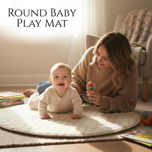 Baby Playmat 47x47 inch | Soft Linen Cotton, Non-Slip & Foldable | Washable Indoor Outdoor Mat for Infants & Toddlers with Carry Bag (Round) (Ivory Cloud)