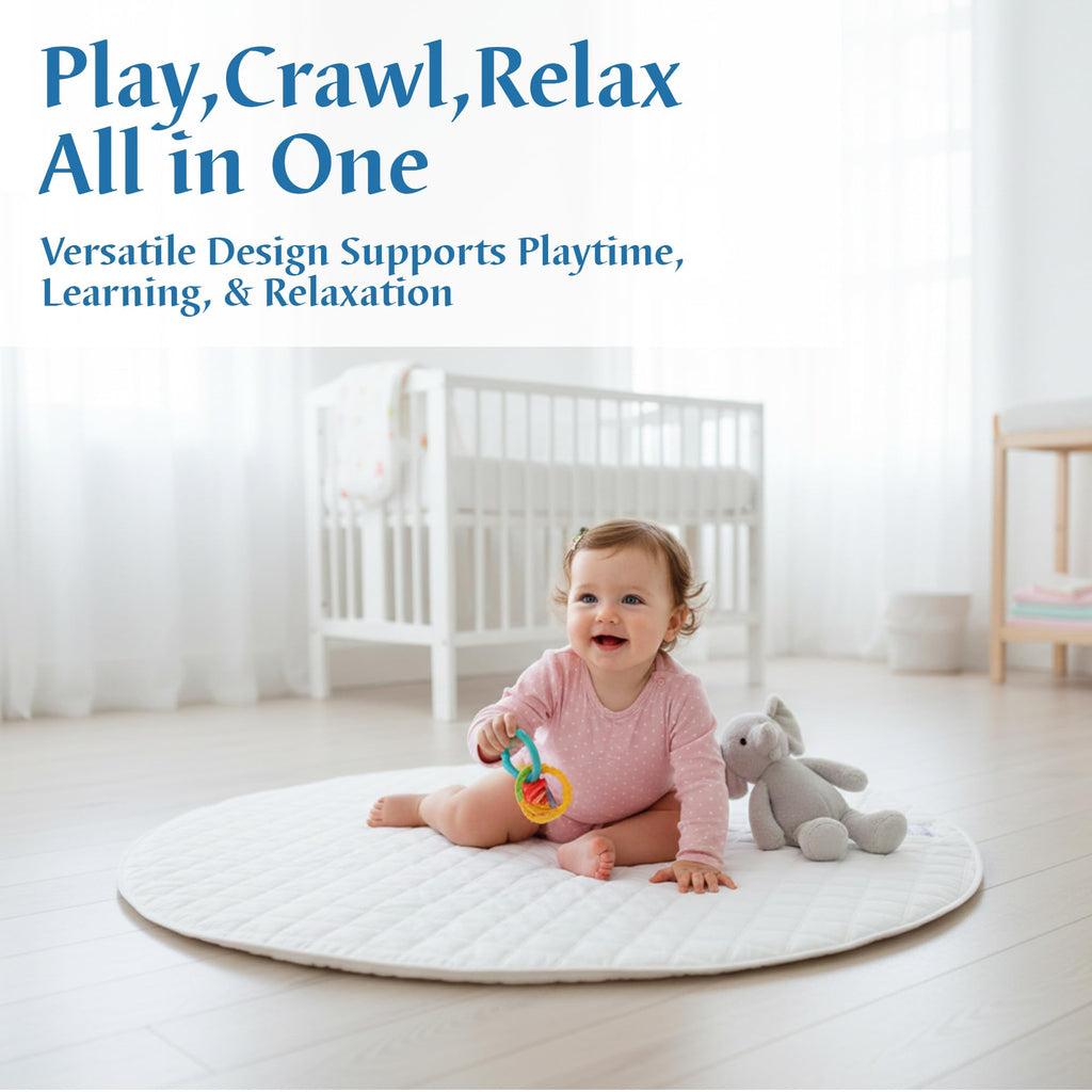 Baby Playmat 47x47 inch | Soft Linen Cotton, Non-Slip & Foldable | Washable Indoor Outdoor Mat for Infants & Toddlers with Carry Bag (Round) (Ivory Cloud)