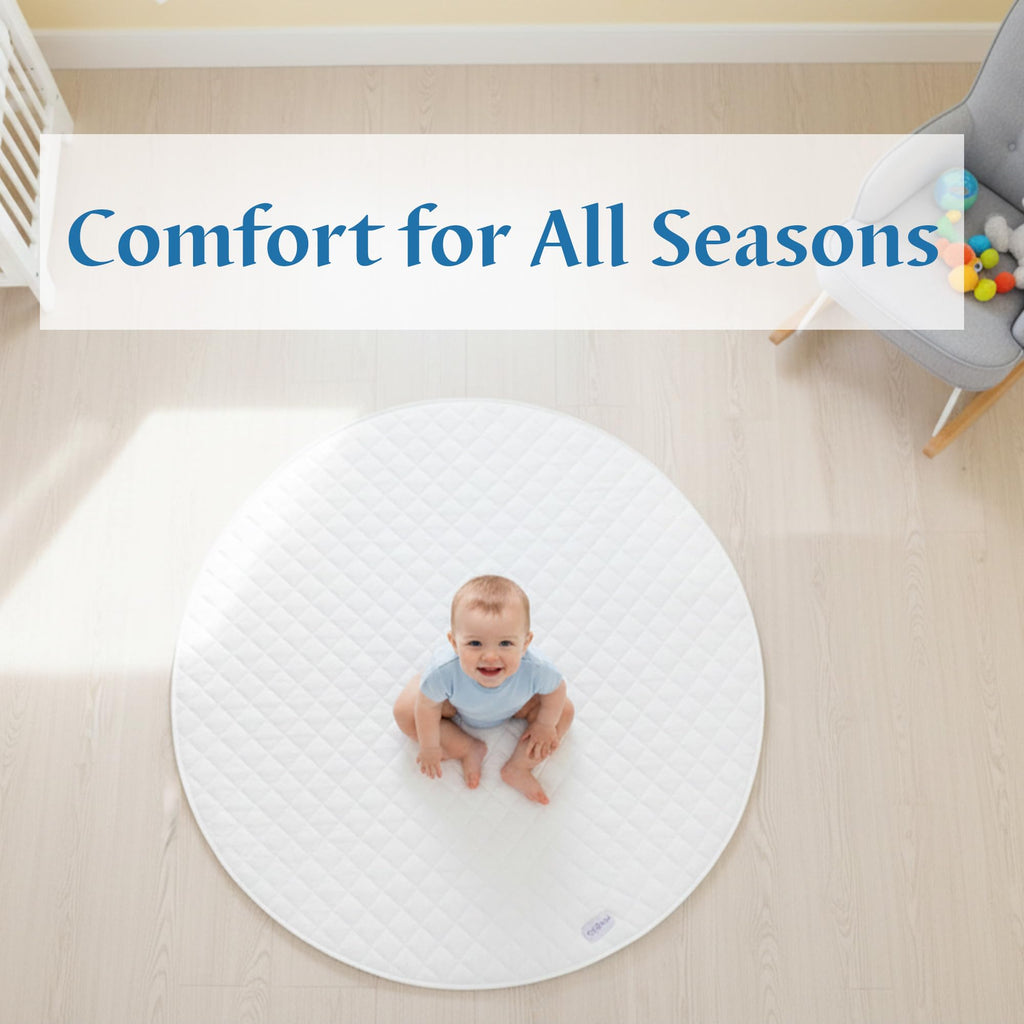 Baby Playmat 47x47 inch | Soft Linen Cotton, Non-Slip & Foldable | Washable Indoor Outdoor Mat for Infants & Toddlers with Carry Bag (Round) (Ivory Cloud)