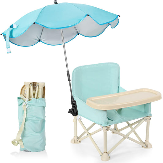 Suzile Outdoor Beach Chair with Umbrella Travel Booster Seat with Tray Compact Folding Chair Portable Booster Chair with Storage Bag Backrest Pocket for Dining Table Camping (Baby Blue)